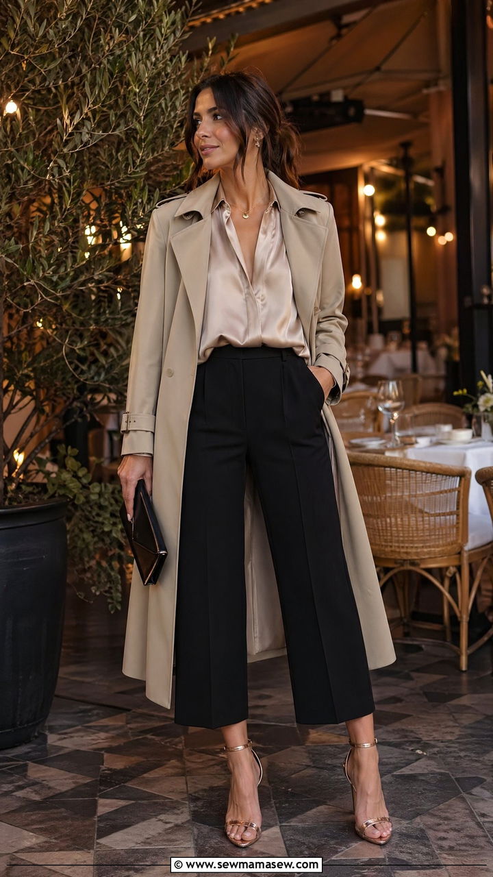 Trench Coat With Silk Blouse And Cropped Wide Leg Pants - 40 trench coat outfits