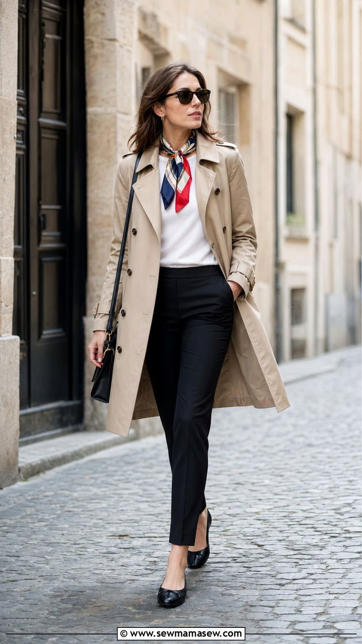 Trench Coat With Silk Scarf And Cigarette Pants - 35 Old Hollywood outfit ideas