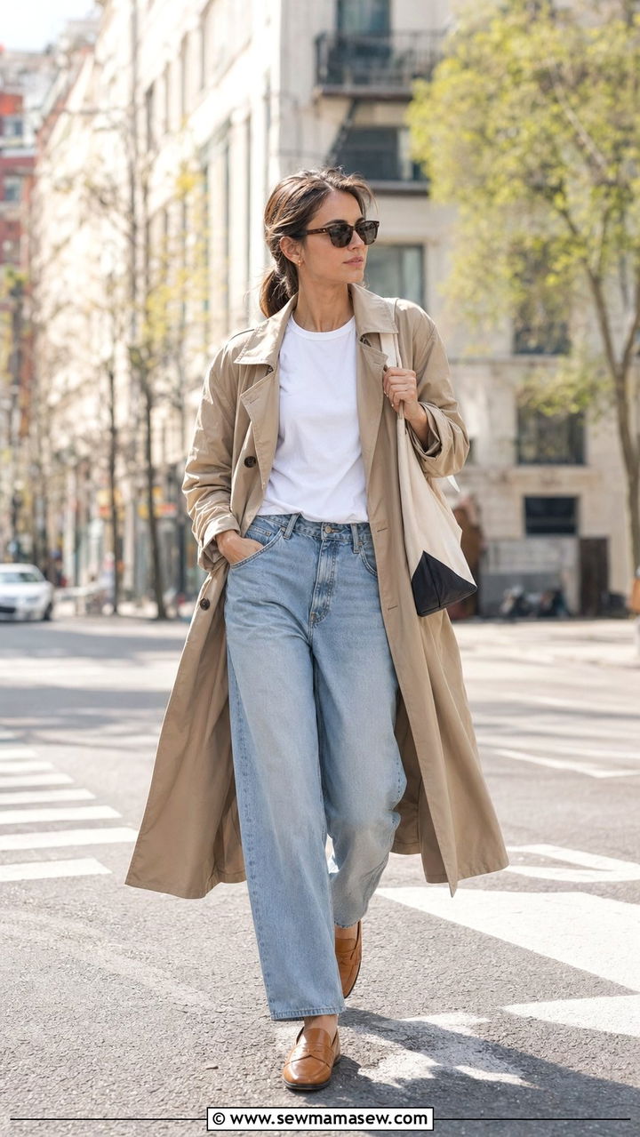 Trench Coat With Simple Tee and Baggy Jeans With Loafers - 30 Baggy jeans outfit ideas with loafers