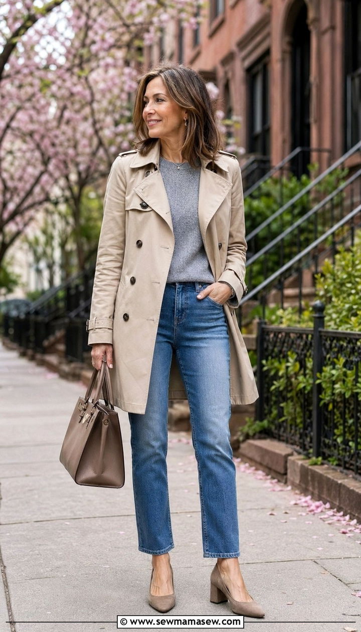 Trench Coat With Straight Leg Jeans - 35 Petite outfit ideas for women over 40