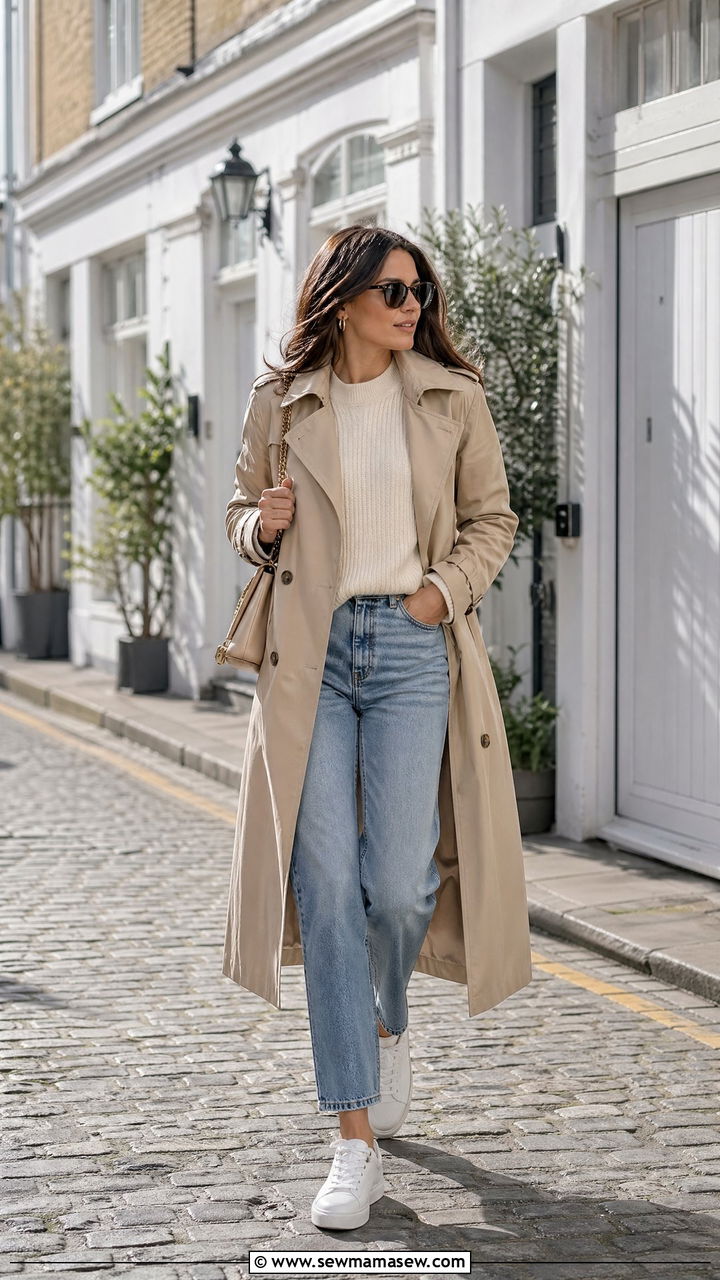 Trench Coat With Straight Leg Jeans And A Lightweight Knit - 35 Spring London outfit ideas