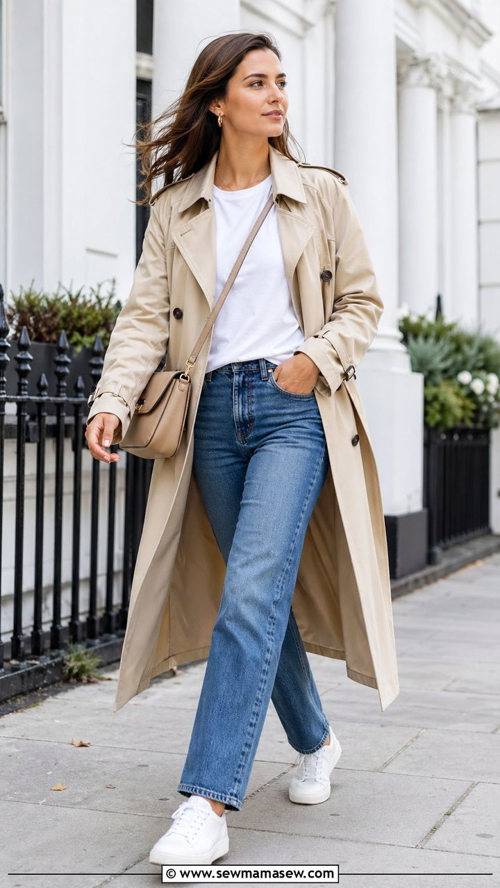 Trench Coat With Straight Leg Jeans And Sneakers - 30 Windy day outfit ideas