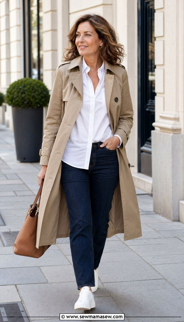 Trench Coat With Straight Leg Jeans Outfit - 35 Modest outfits for women over 40