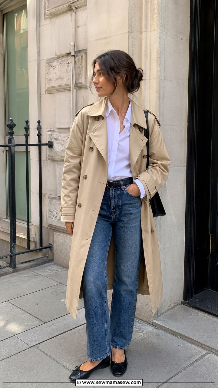 Trench Coat With Straight Leg Jeans and Ballet Flats - 35 trench coat outfit ideas for women