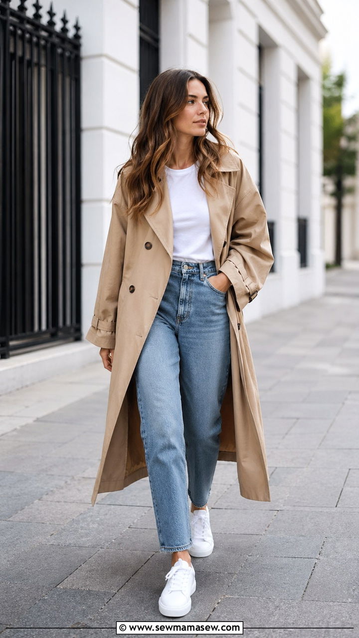 Trench Coat With Straight Leg Jeans and White Sneakers - 30 Sporty chic outfit ideas with sneakers