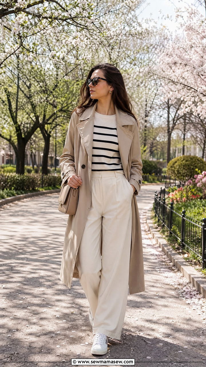 Trench Coat With Striped Knit Top And Wide Leg Trousers - 35 Warsaw outfit ideas