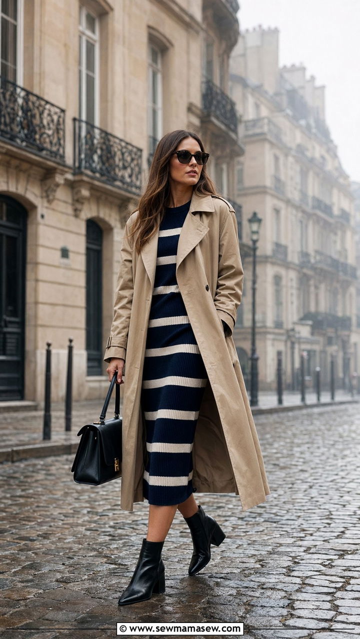 Trench Coat With Striped Midi Dress - 35 Preppy vacation outfits