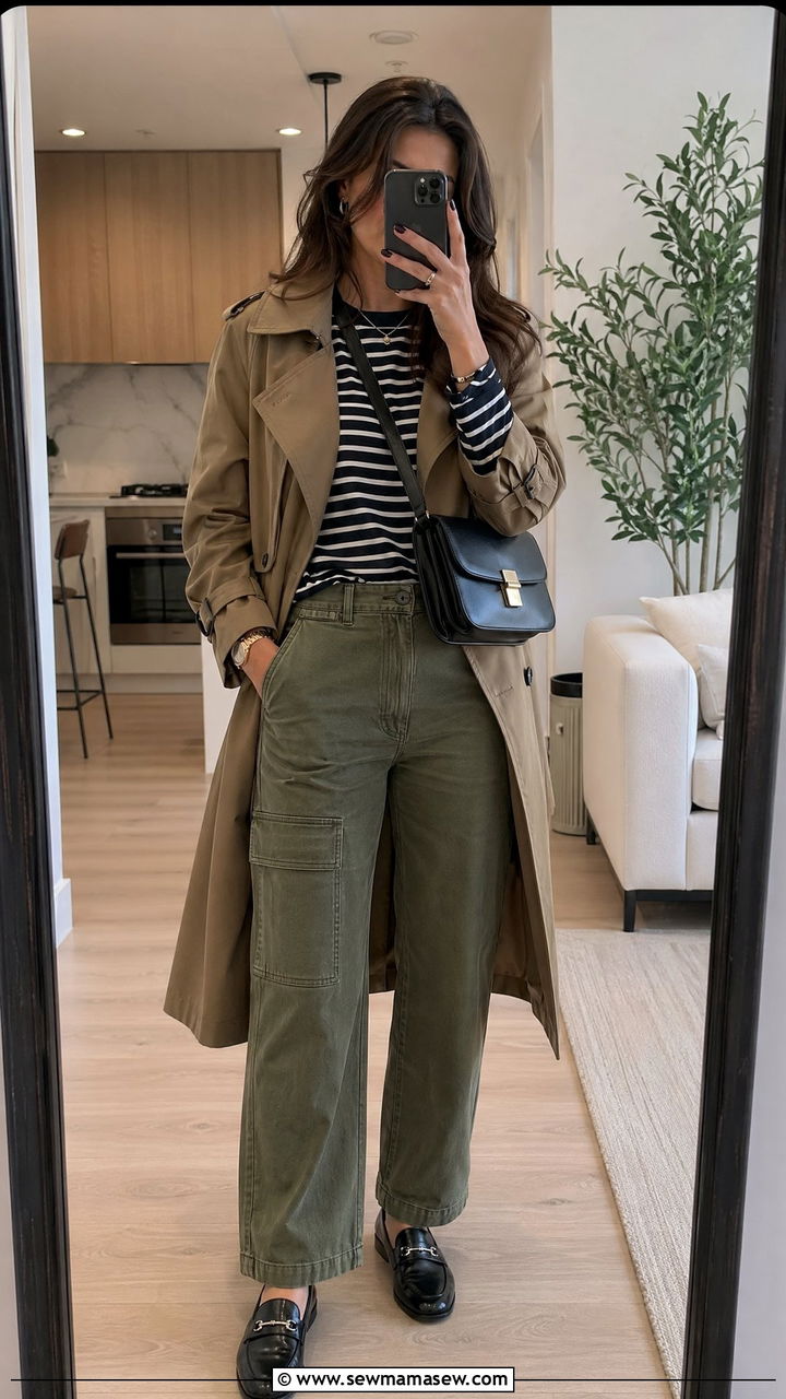 Trench Coat With Striped Shirt And Cargo Jeans - 40 trench coat outfits