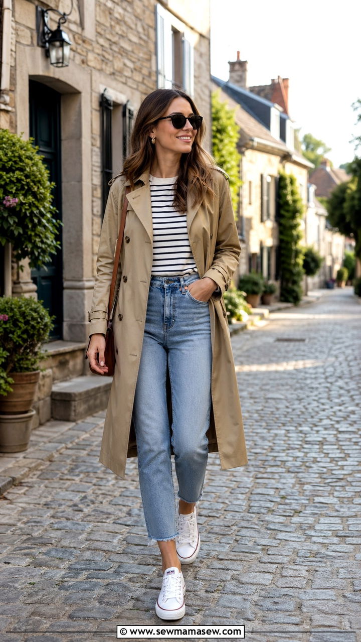 Trench Coat With Striped Top And Cropped Jeans With Canvas Sneakers - 30 Spring countryside outfits