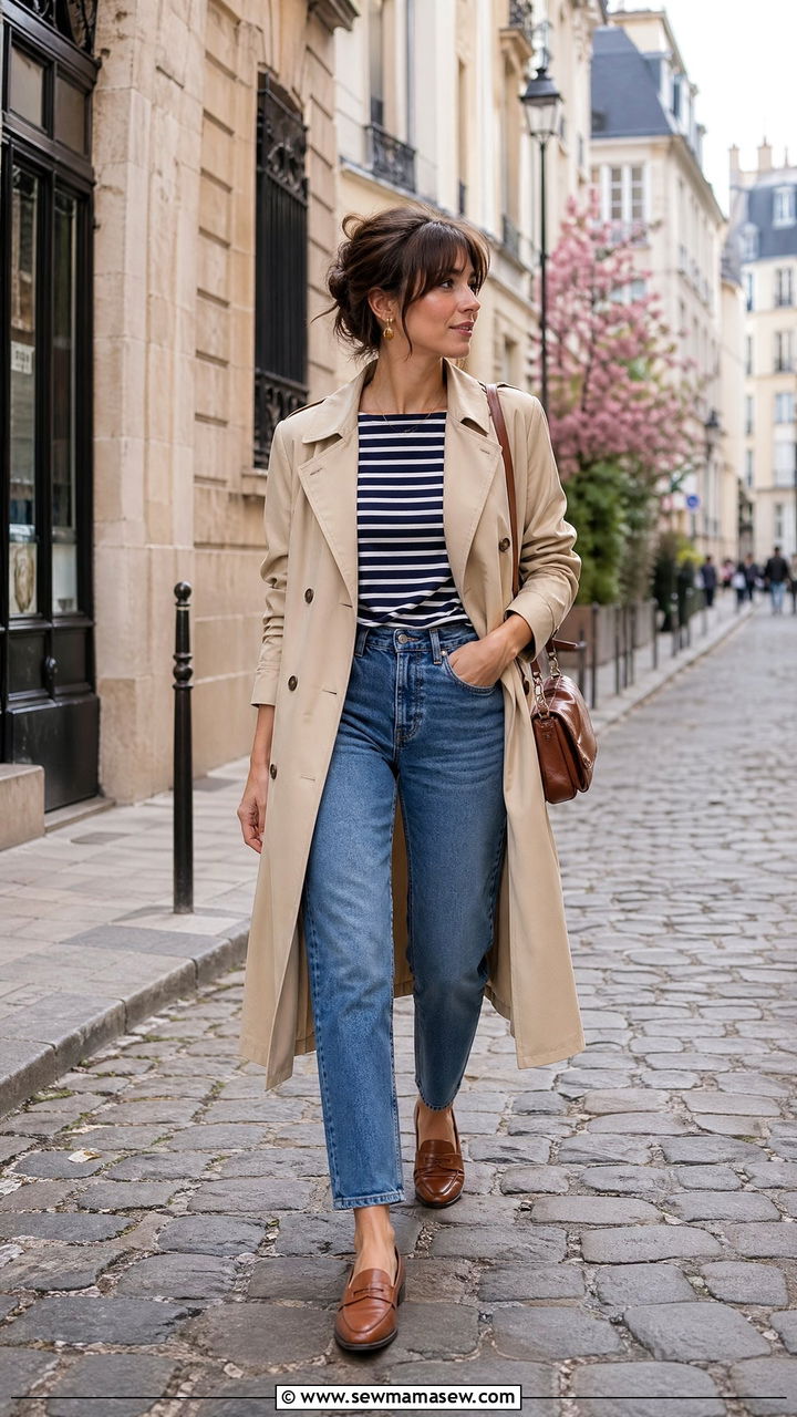 Trench Coat With Striped Top and Straight Leg Jeans - 35 spring french girl outfit ideas