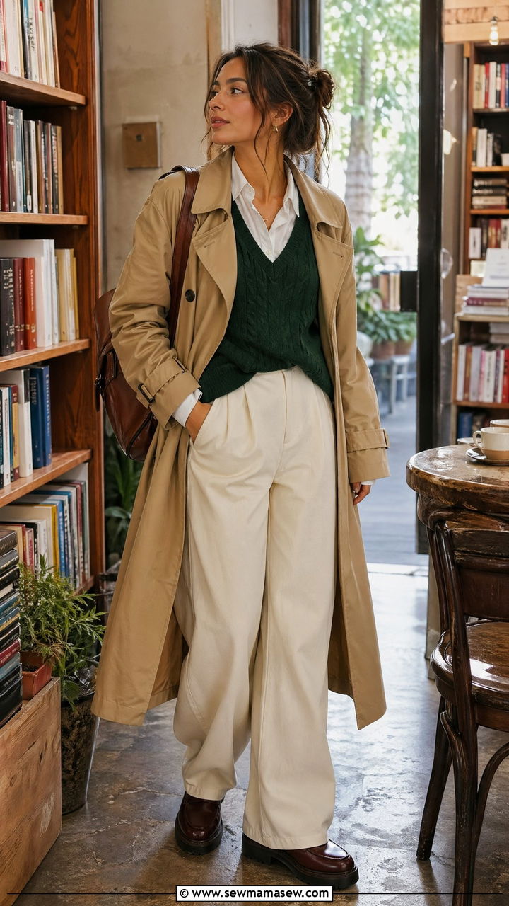 Trench Coat With Sweater Vest And Wide Leg Trousers - 40 trench coat outfits