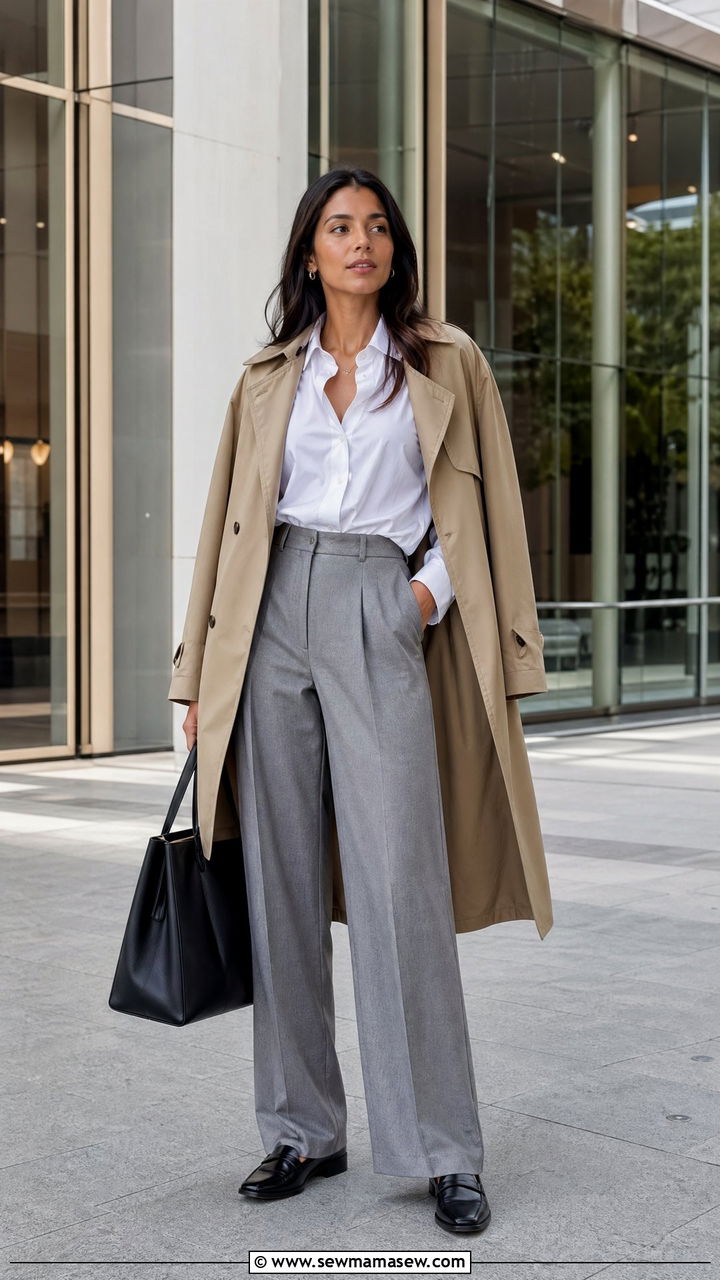 Trench Coat With Tailored Grey Trousers And White Button Down - 40 trench coat outfits