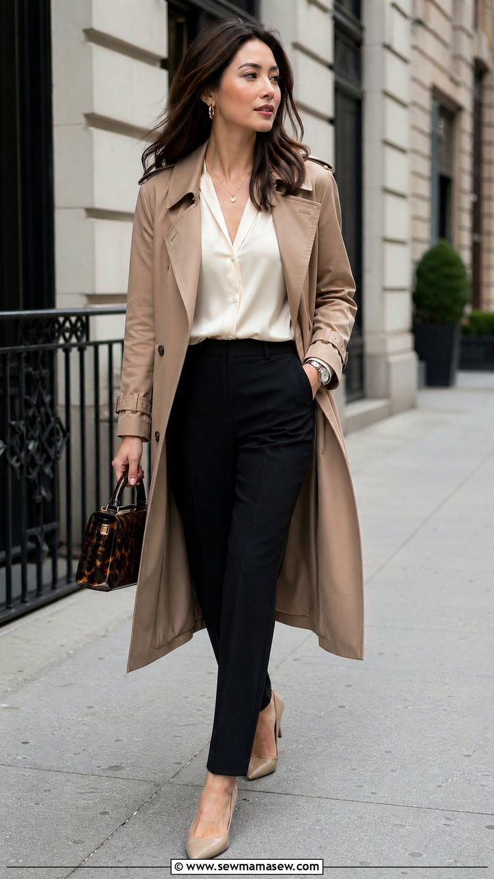 Trench Coat With Tailored Trousers For Work - 35 trench coat outfits for women
