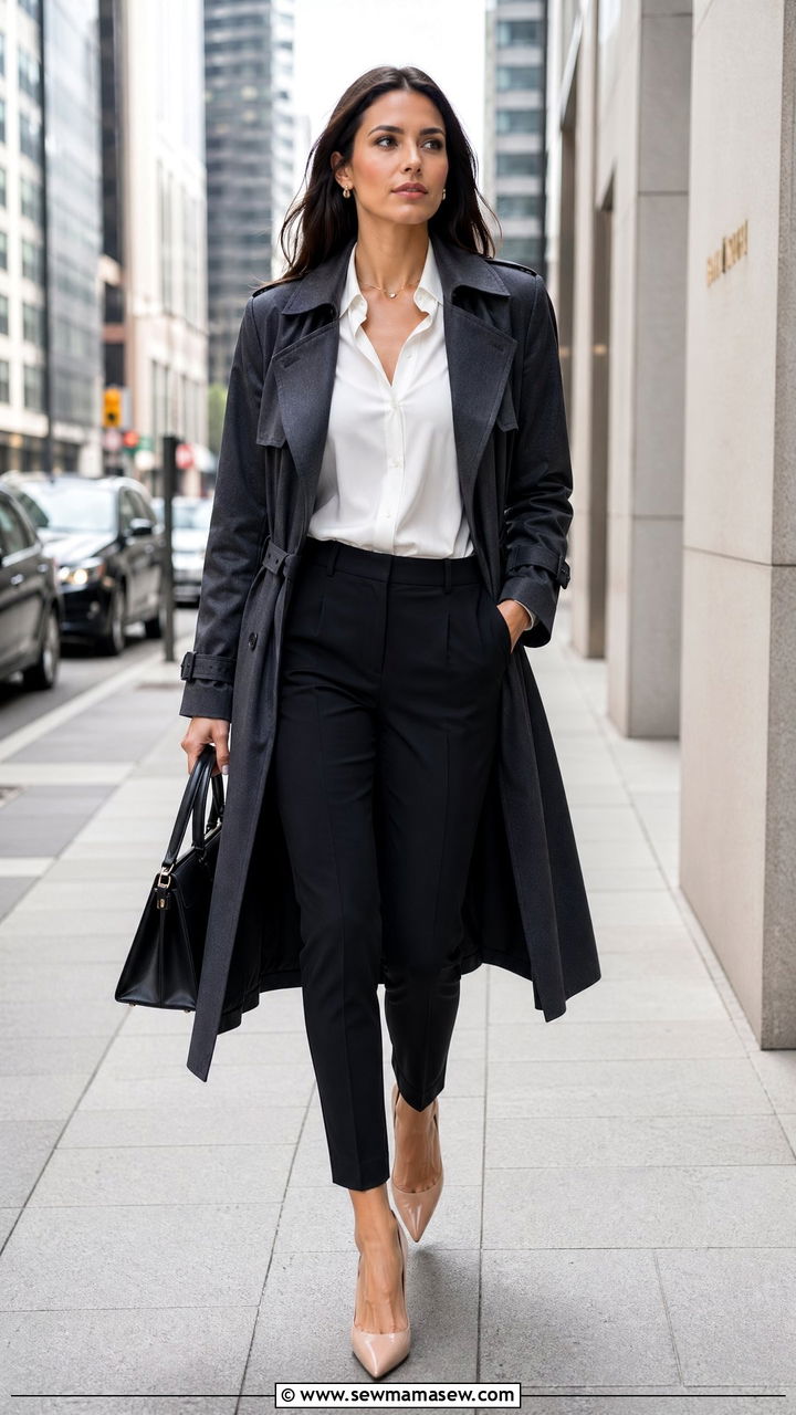 Trench Coat With Tailored Trousers and Heels - 35 trench coat outfit ideas for women