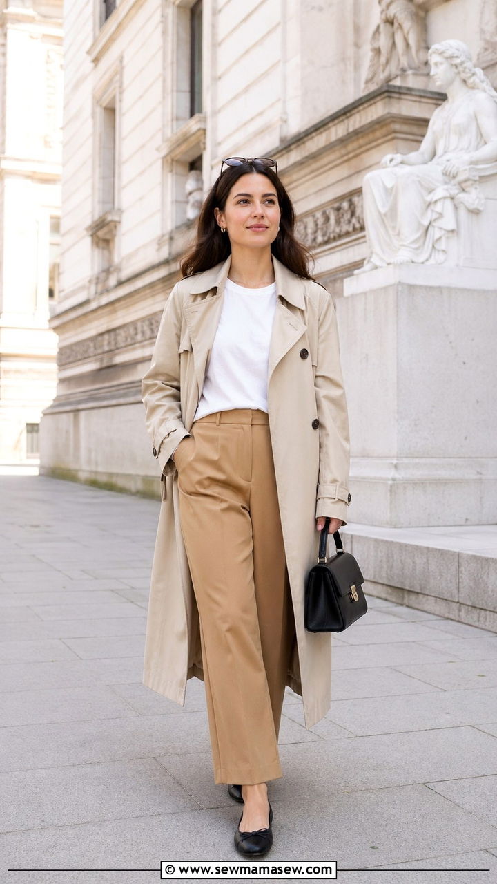 Trench Coat With Trousers And Ballet Flats - 30 Spring capsule wardrobe modest