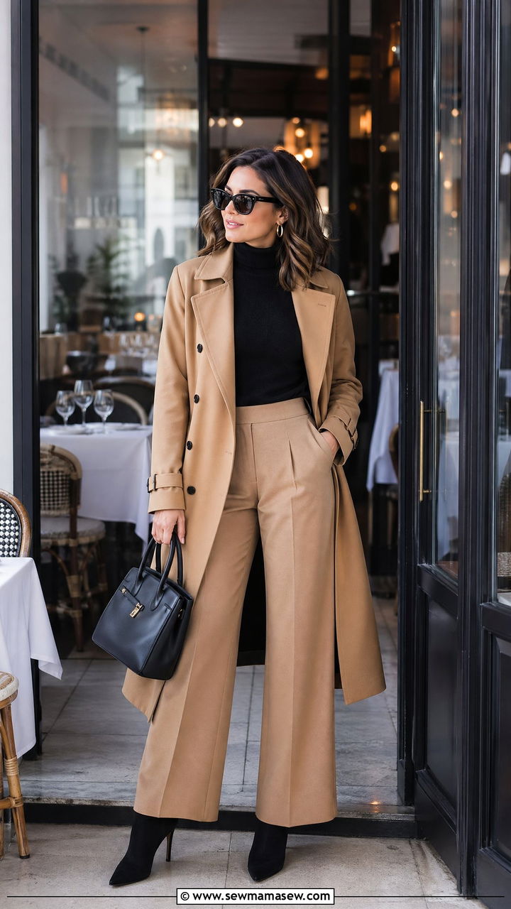 Trench Coat With Turtleneck And Wide Leg Trousers - 35 trench coat outfits for women