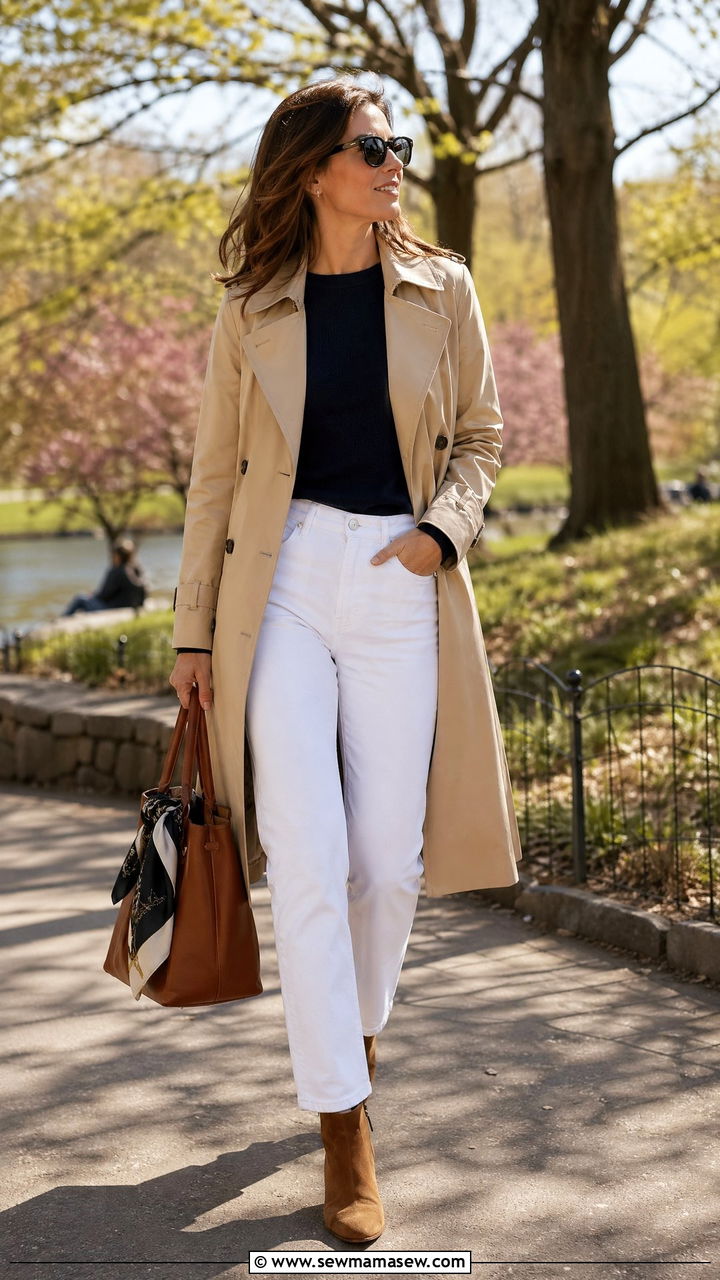 Trench Coat With White Jeans And Navy Knit - 40 trench coat outfits