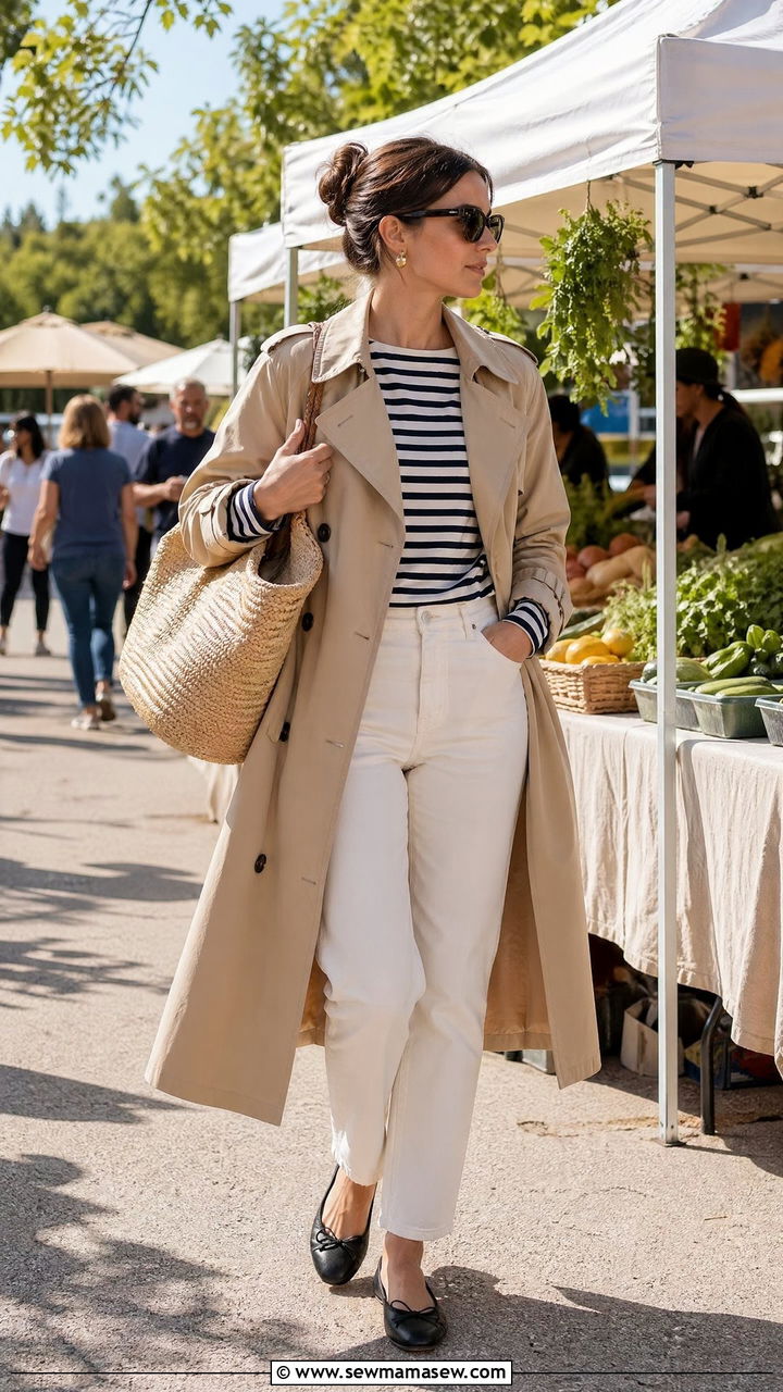 Trench Coat With White Jeans and Ballet Flats - 35 cute trench coat outfits