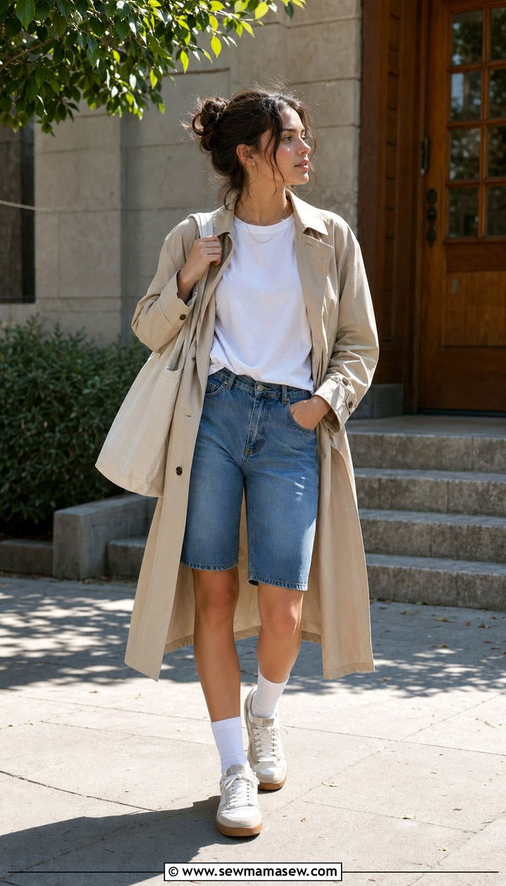 Trench Coat With White Tee And Denim Shorts School Look - 30 Back to school outfit ideas clean girl 2026