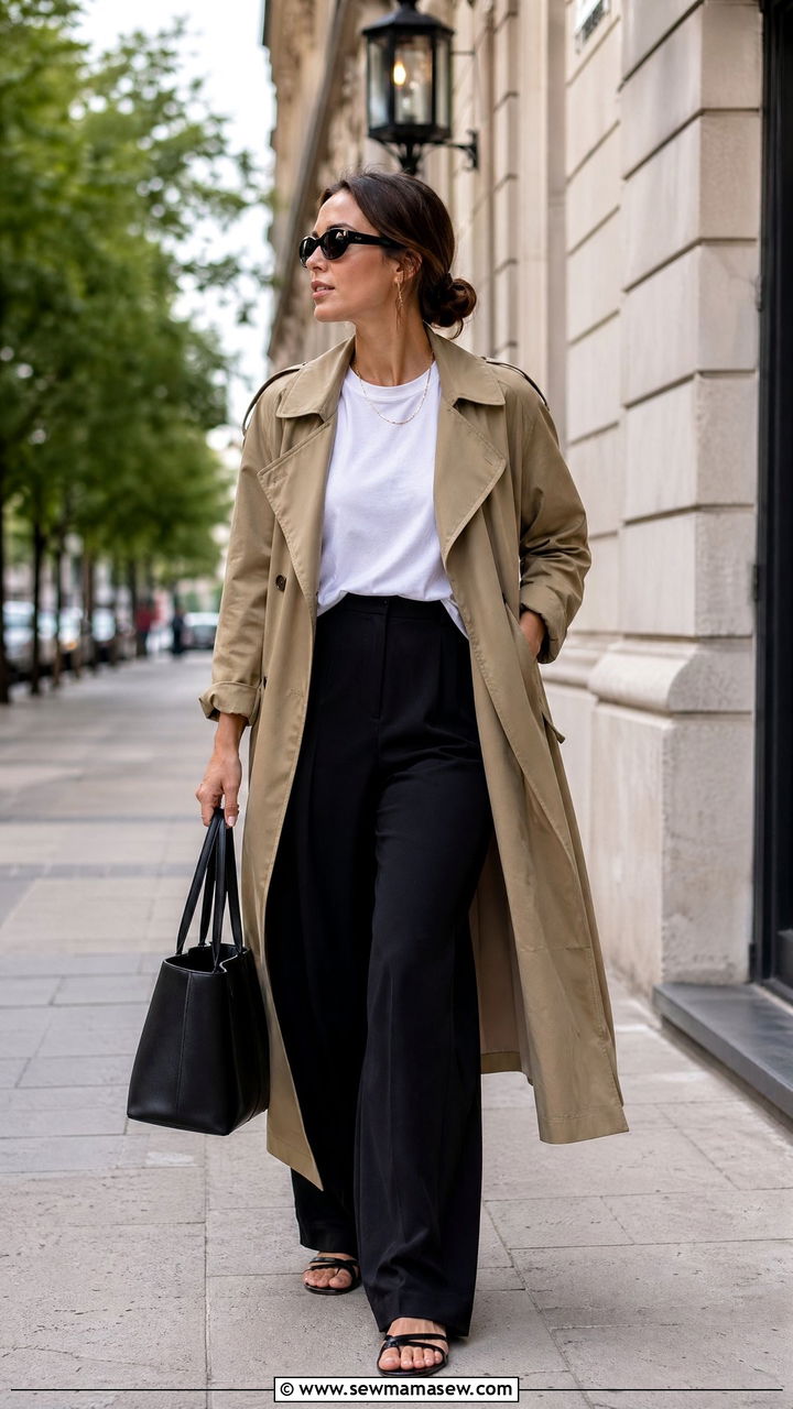 Trench Coat With White Tee And Wide Leg Trousers - 35 classy summer to fall outfits