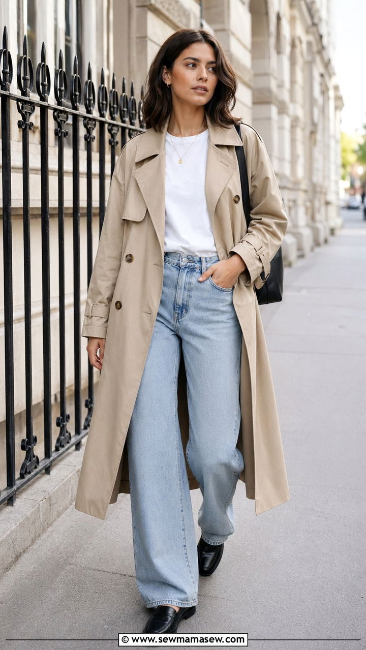 Trench Coat With Wide Leg Jeans And Loafers - 30 90s spring outfits