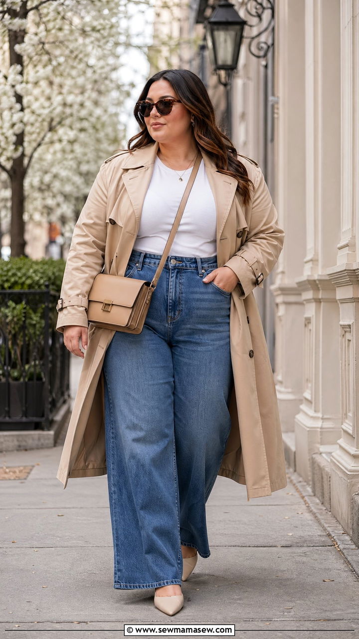 Trench Coat With Wide Leg Jeans Outfit - 35 Spring capsule wardrobe plus size