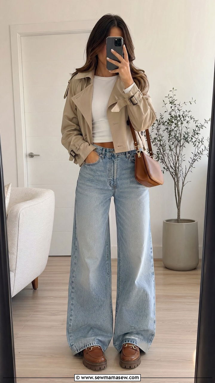 Trench Coat With Wide Leg Jeans and Loafers - 35 trench coat outfit ideas for women