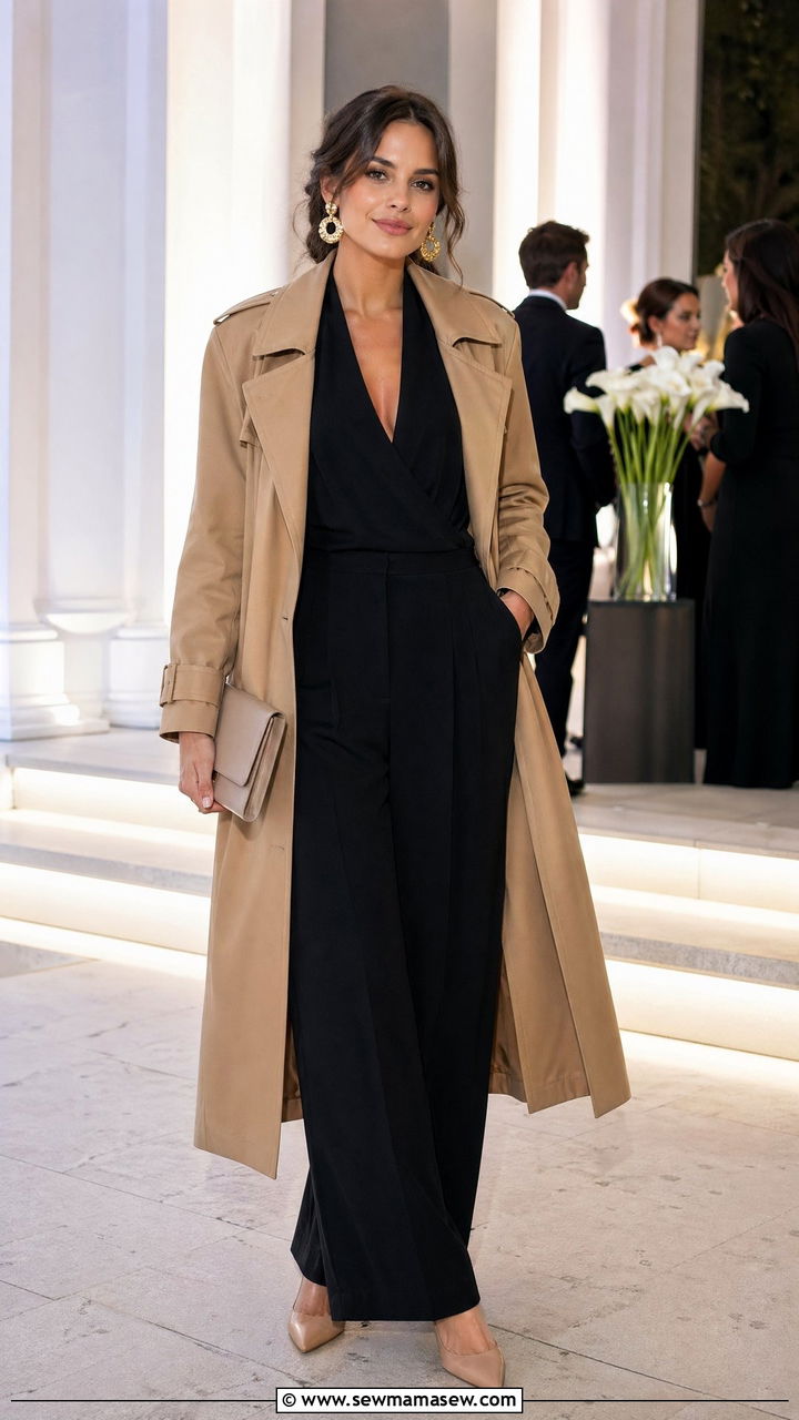 Trench Coat With Wide Leg Jumpsuit And Heels - 40 trench coat outfits