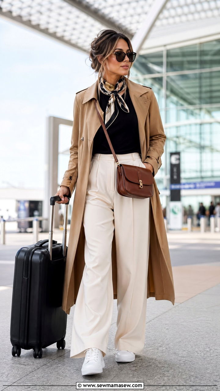 Trench Coat With Wide Leg Trousers And Sneakers - 35 Comfortable airport outfits
