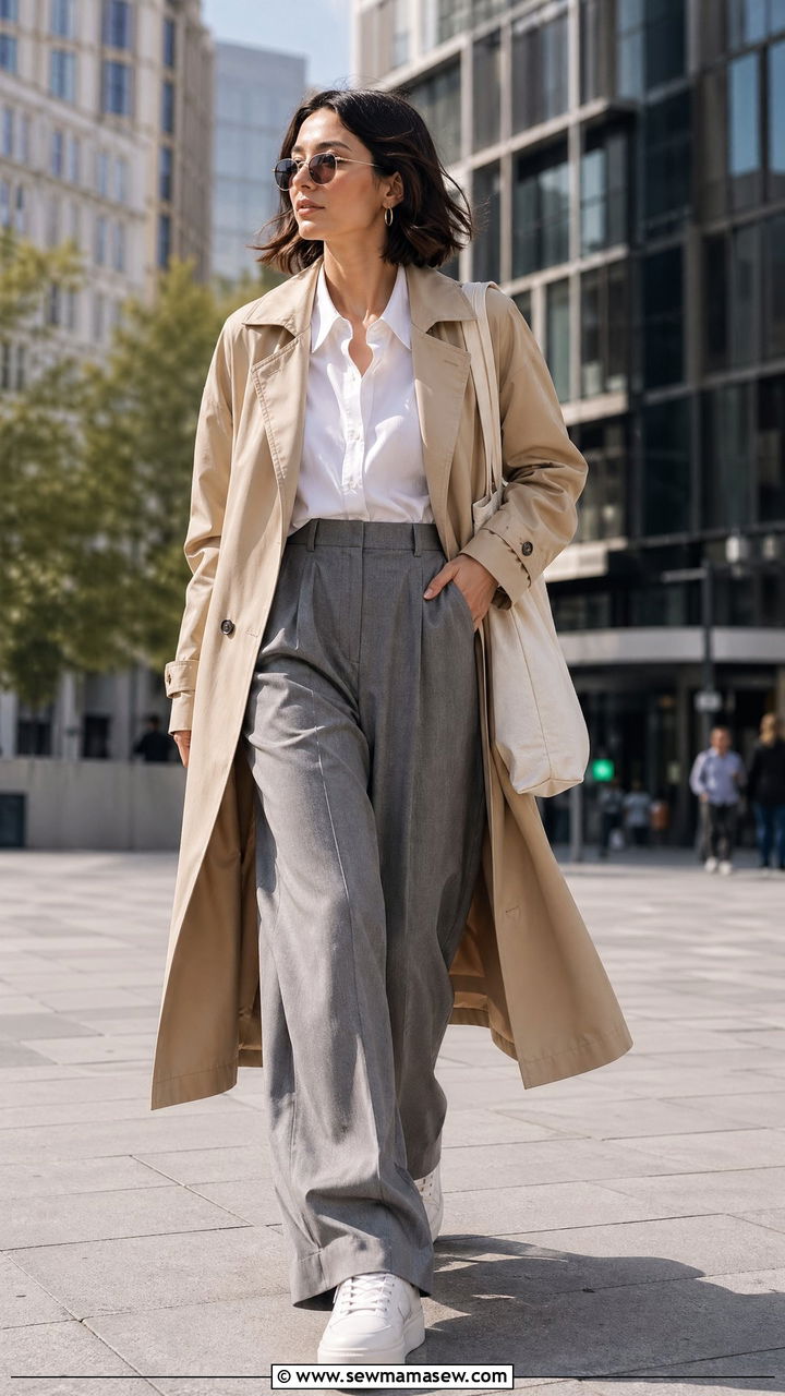 Trench Coat With Wide Leg Trousers and Platform Sneakers - 35 trench coat outfit ideas for women