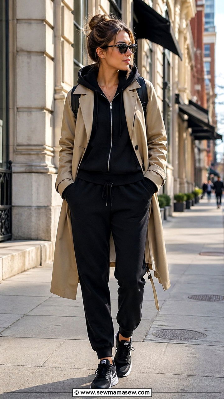 Trench Coat With Zip Up Hoodie and Joggers - 30 Sporty chic outfit ideas with a trench coat