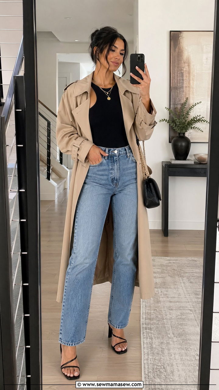 Trench Coat With a Bodysuit and High Waisted Jeans - 35 trench coat outfit ideas for women