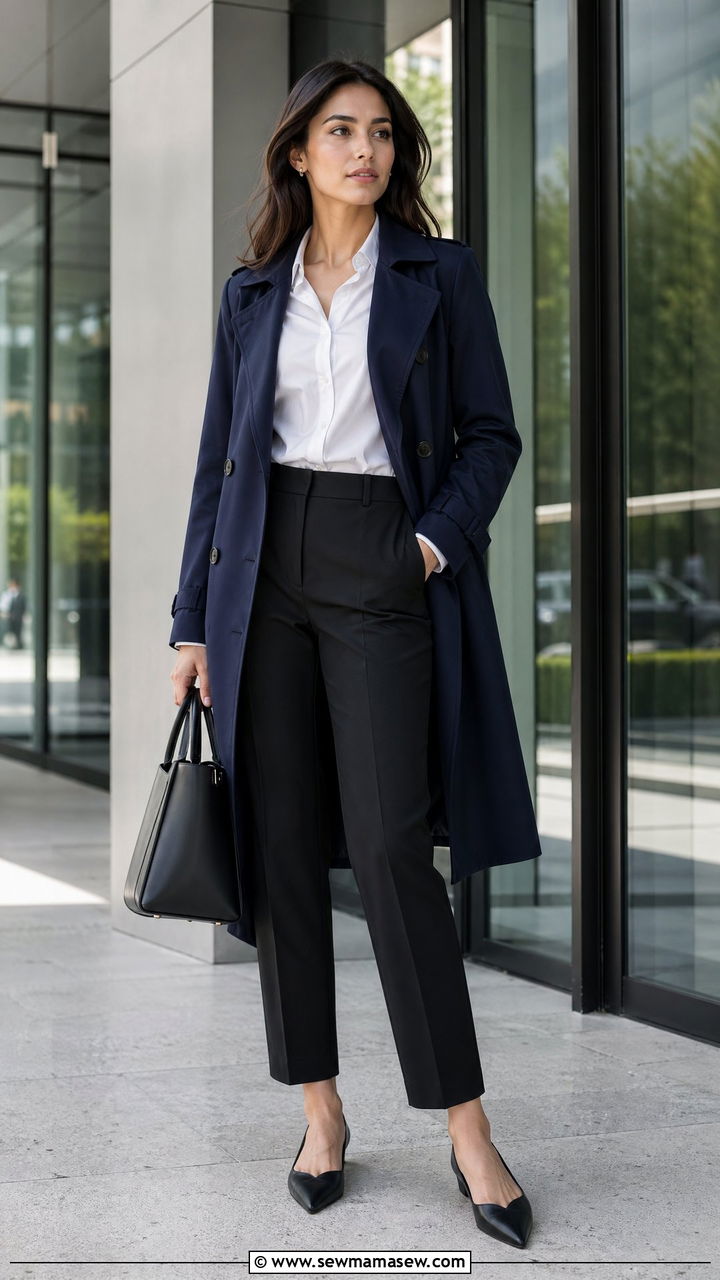 Trench Coat With a Button Down Shirt and Trousers - 35 cute trench coat outfits