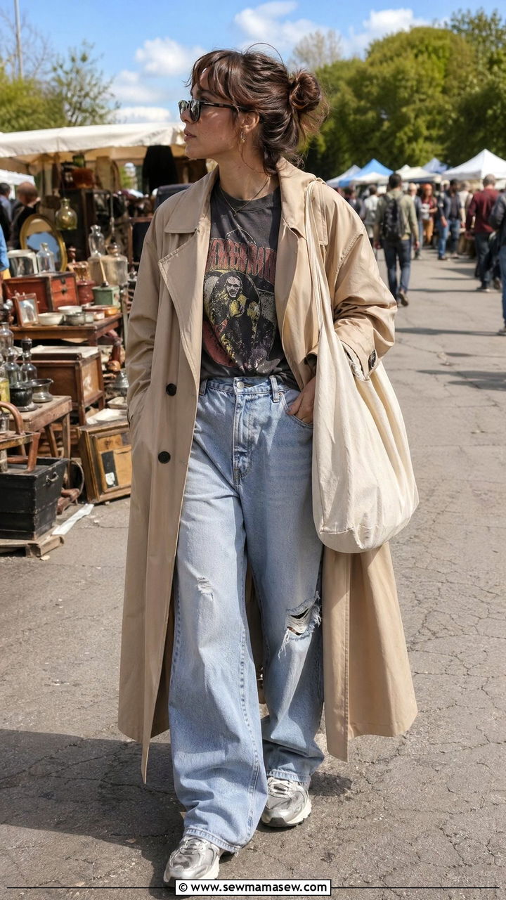 Trench Coat With a Graphic Tee and Baggy Jeans - 35 trench coat outfit ideas for women