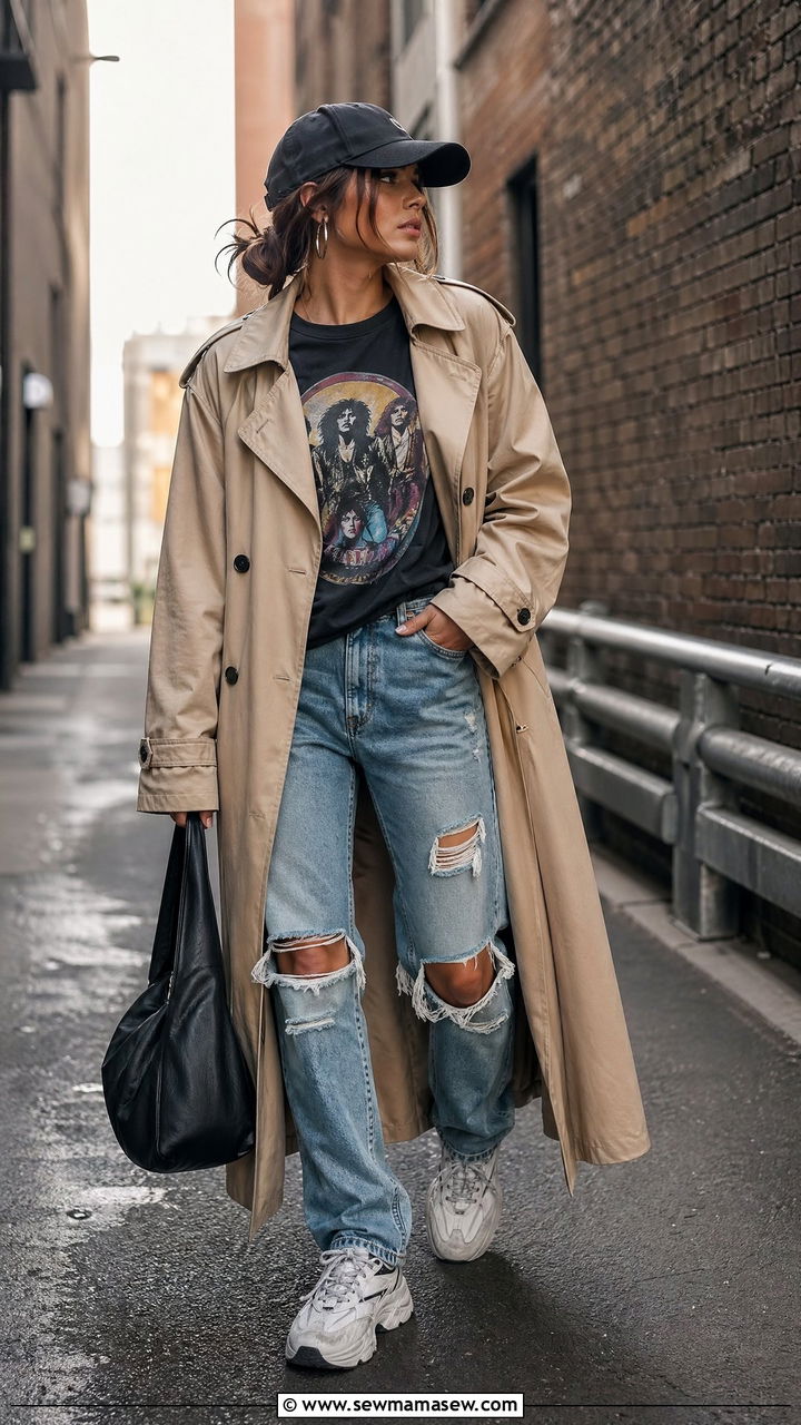 Trench Coat With a Graphic Tee and Distressed Jeans - 35 cute trench coat outfits