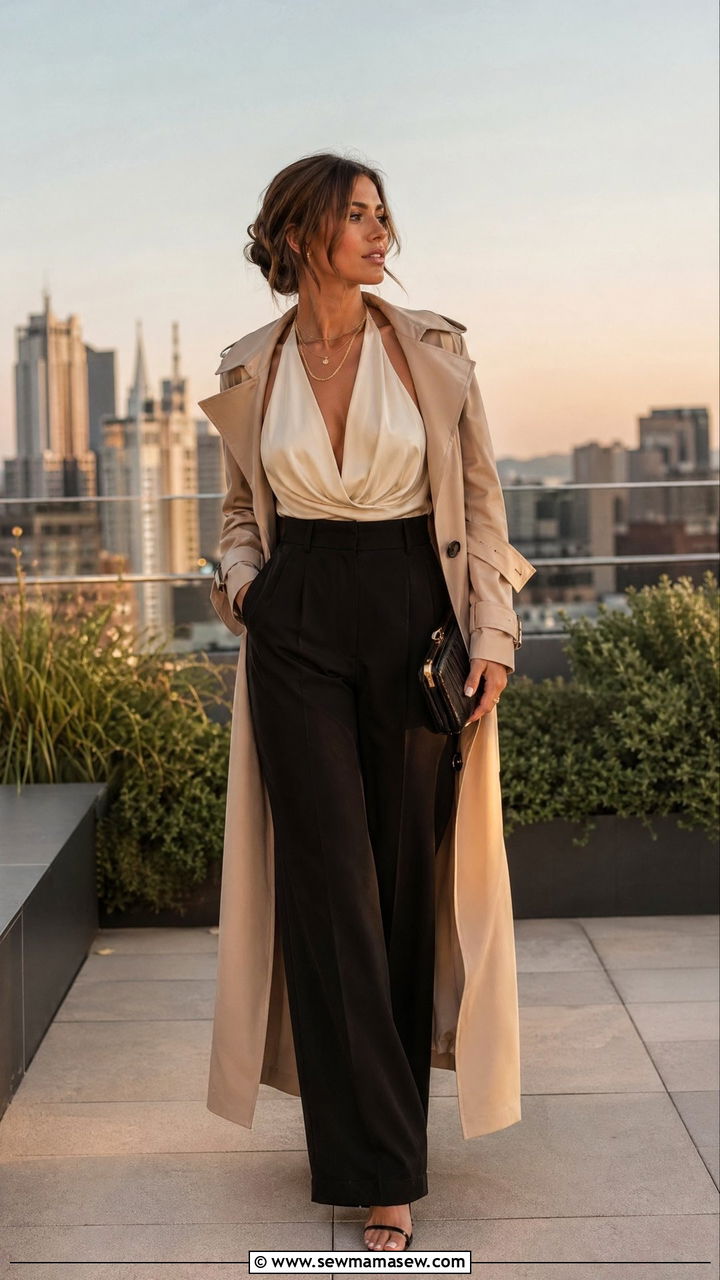 Trench Coat With a Halter Top and Tailored Trousers - 35 cute trench coat outfits