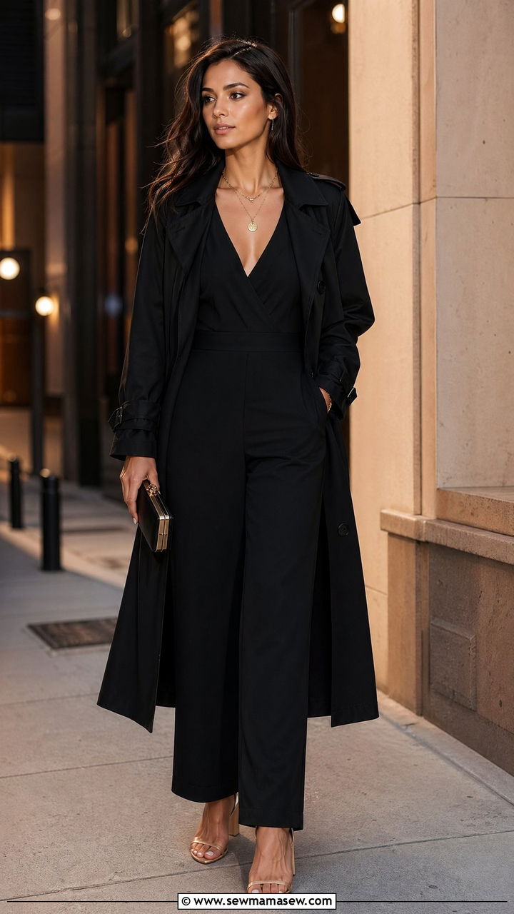Trench Coat With a Jumpsuit and Block Heels - 35 cute trench coat outfits