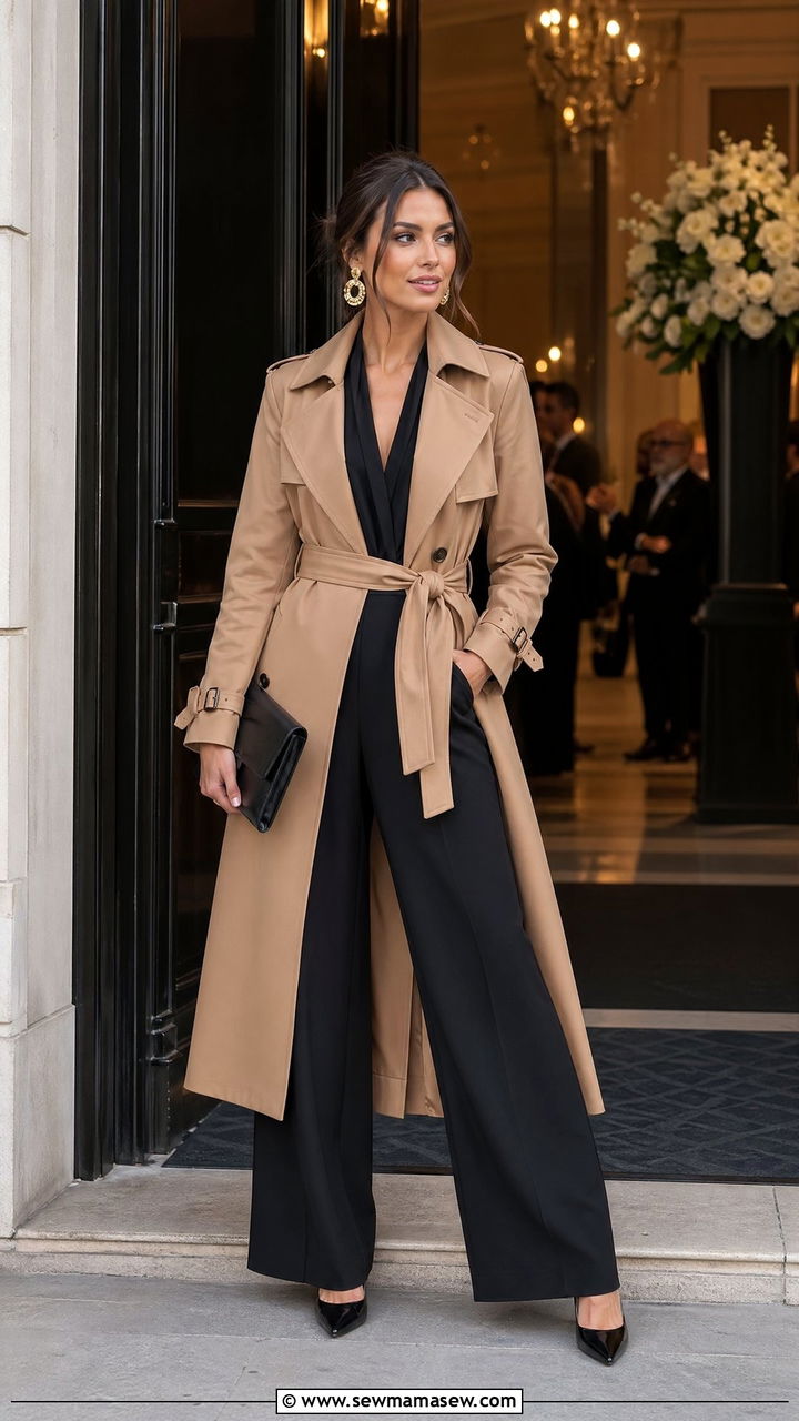 Trench Coat With a Jumpsuit and Heels - 35 trench coat outfit ideas for women