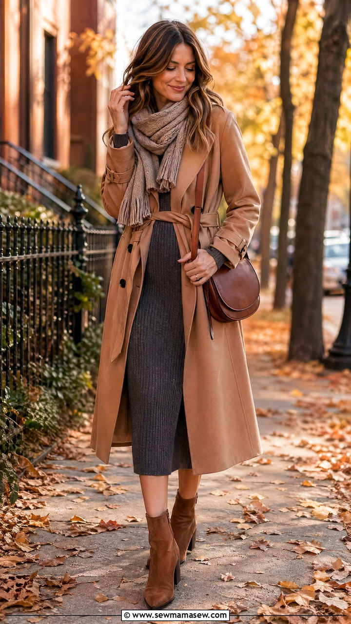 Trench Coat With a Knit Dress and Ankle Boots - 35 trench coat outfit ideas for women