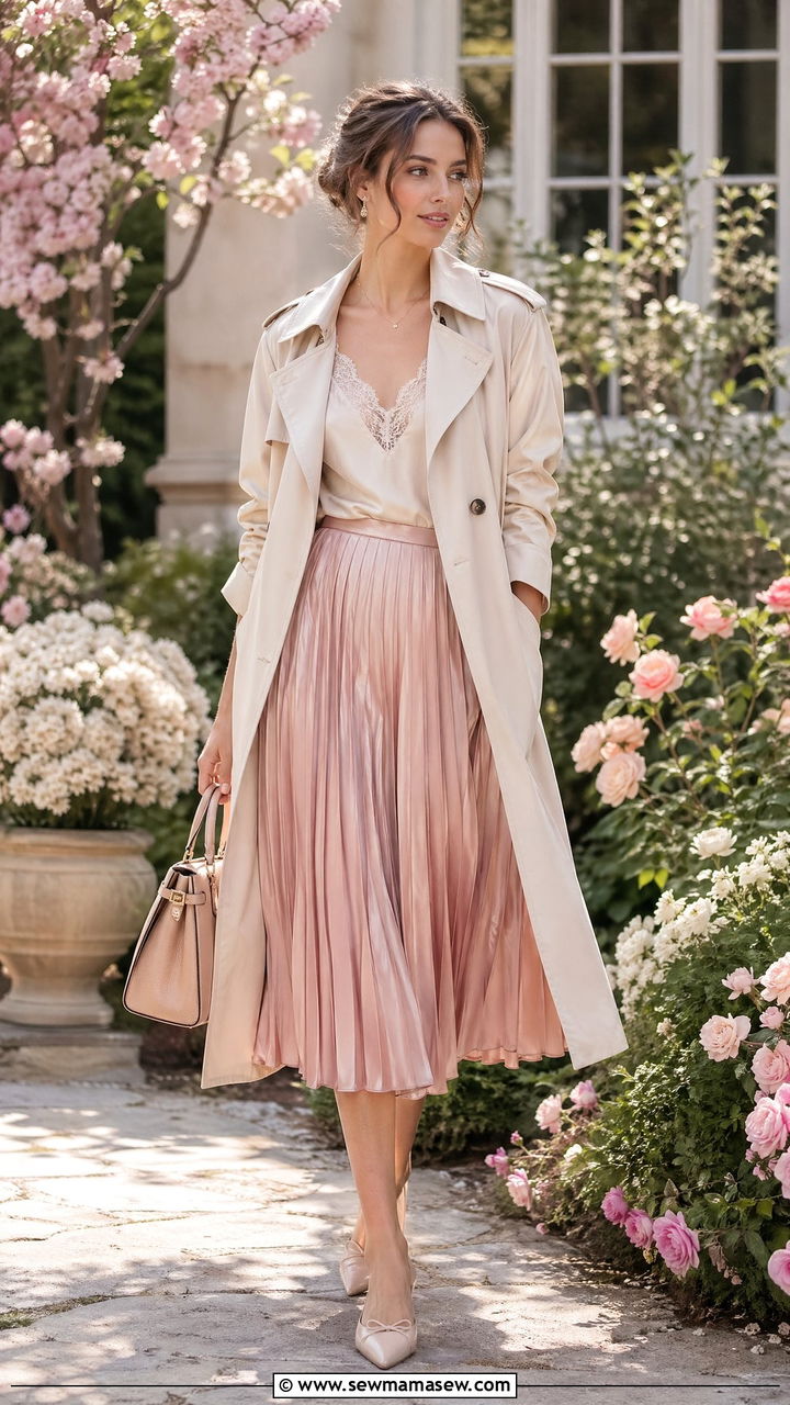 Trench Coat With a Pleated Midi Skirt and Ballet Flats - 35 trench coat outfit ideas for women