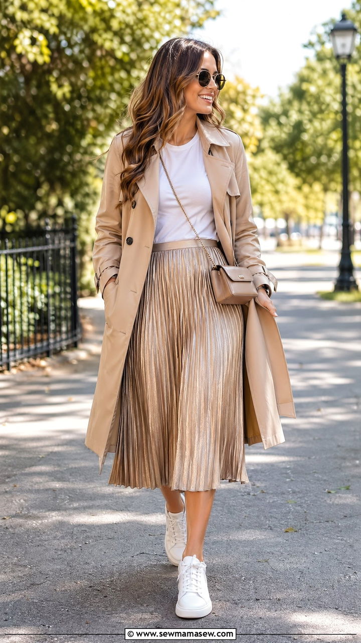 Trench Coat With a Pleated Midi Skirt and Sneakers - 35 cute trench coat outfits