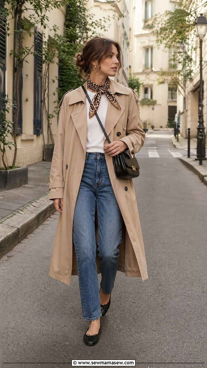 Trench Coat With a Printed Scarf and Straight Leg Jeans - 35 trench coat outfit ideas for women