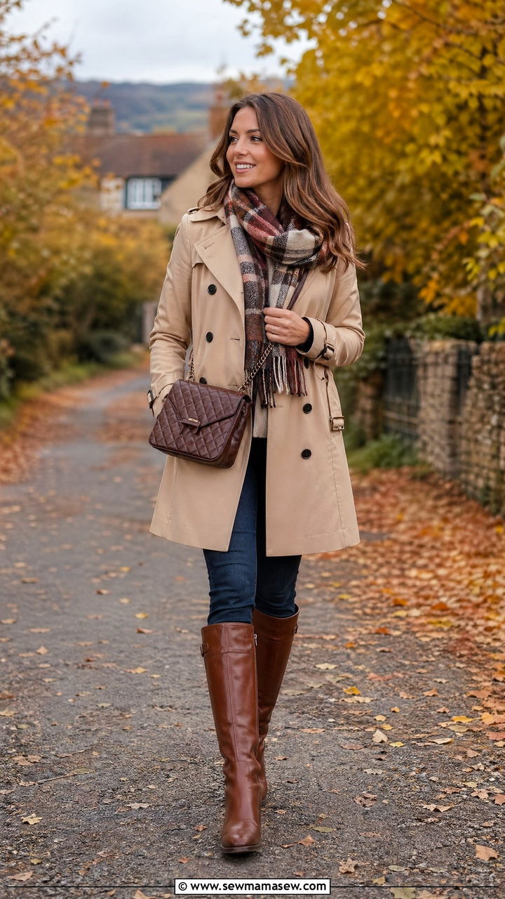 Trench Coat With a Scarf and Riding Boots - 35 cute trench coat outfits
