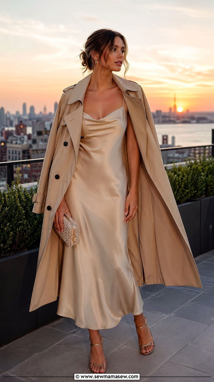 Trench Coat With a Slip Dress and Strappy Heels - 35 trench coat outfit ideas for women