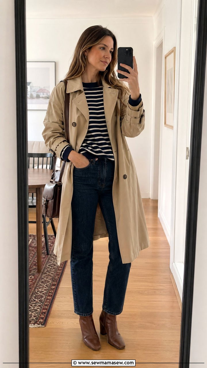 Trench Coat With a Striped Sweater and Dark Jeans - 35 cute trench coat outfits