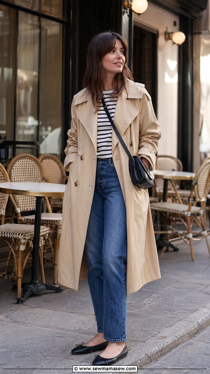 Trench Coat With a Striped Top and Straight Leg Jeans - 35 trench coat outfit ideas for women