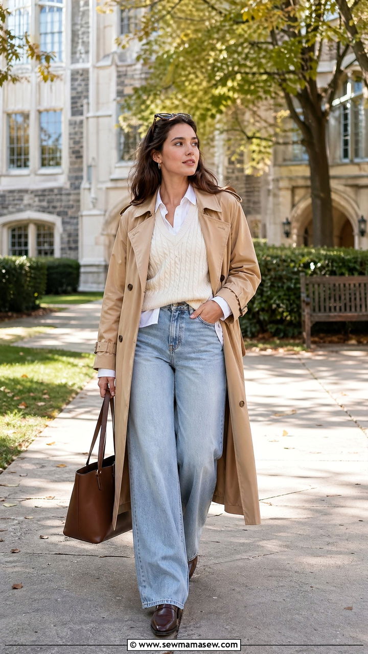 Trench Coat With a Vest and Wide Leg Jeans - 35 cute trench coat outfits