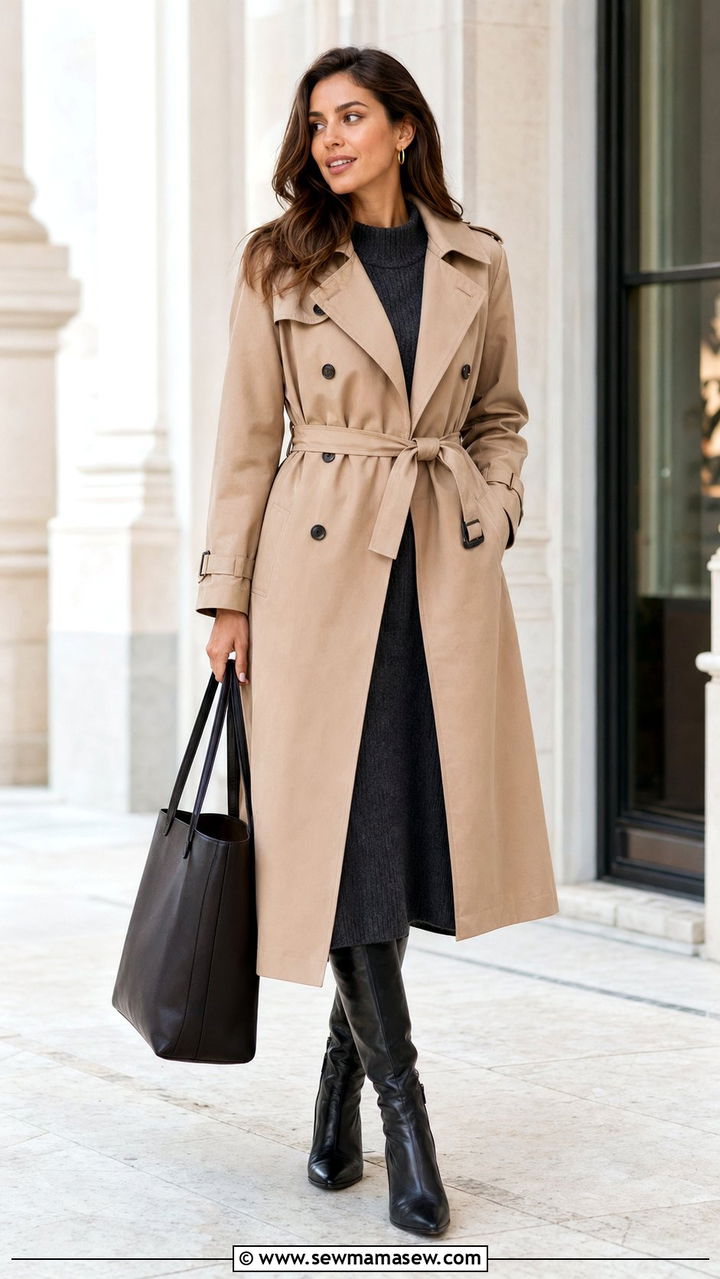 Trench Coat Worn Over a Midi Knit Dress - 35 Quiet luxury work outfits