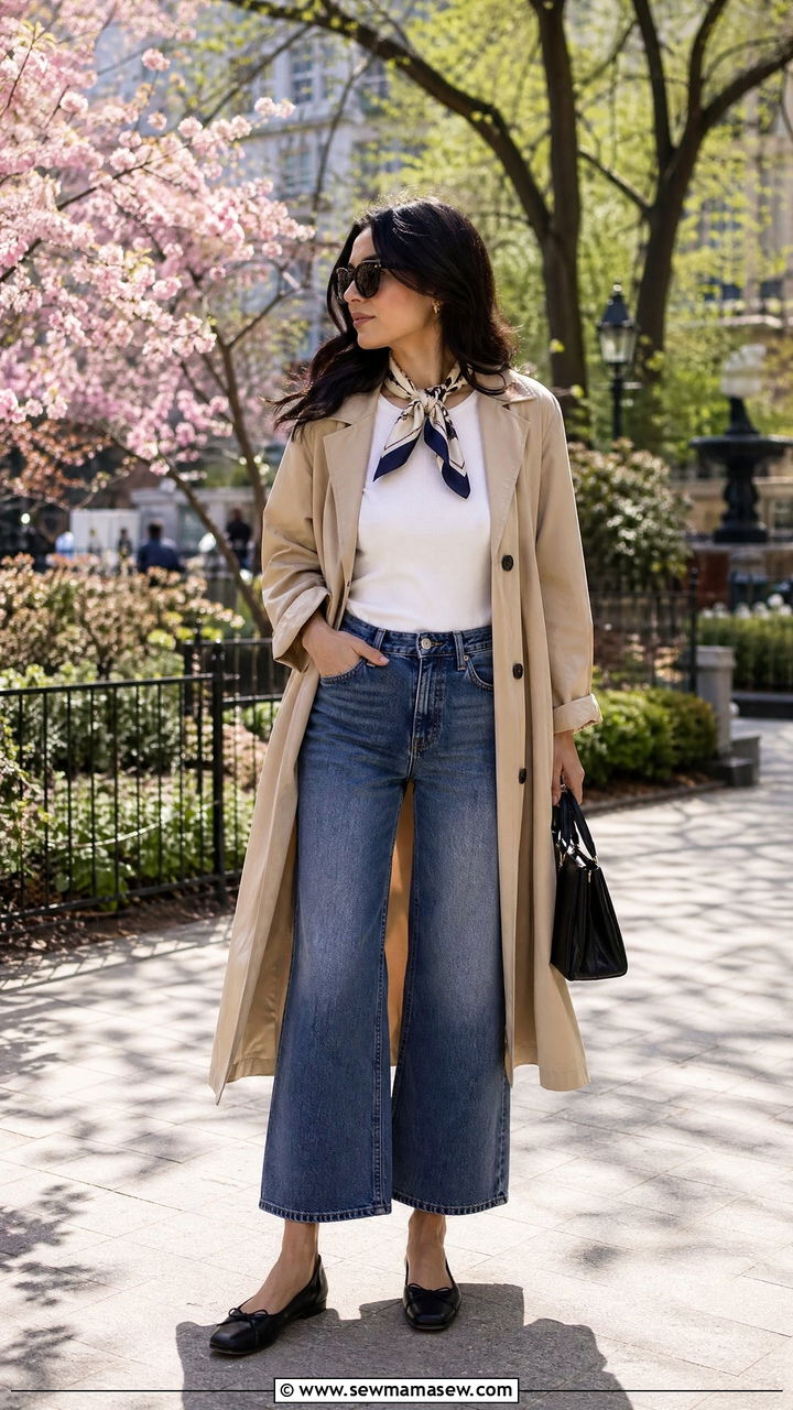 Trench Coat and Ballet Flats with Wide Leg Jeans - 35 wide leg jeans outfits for women
