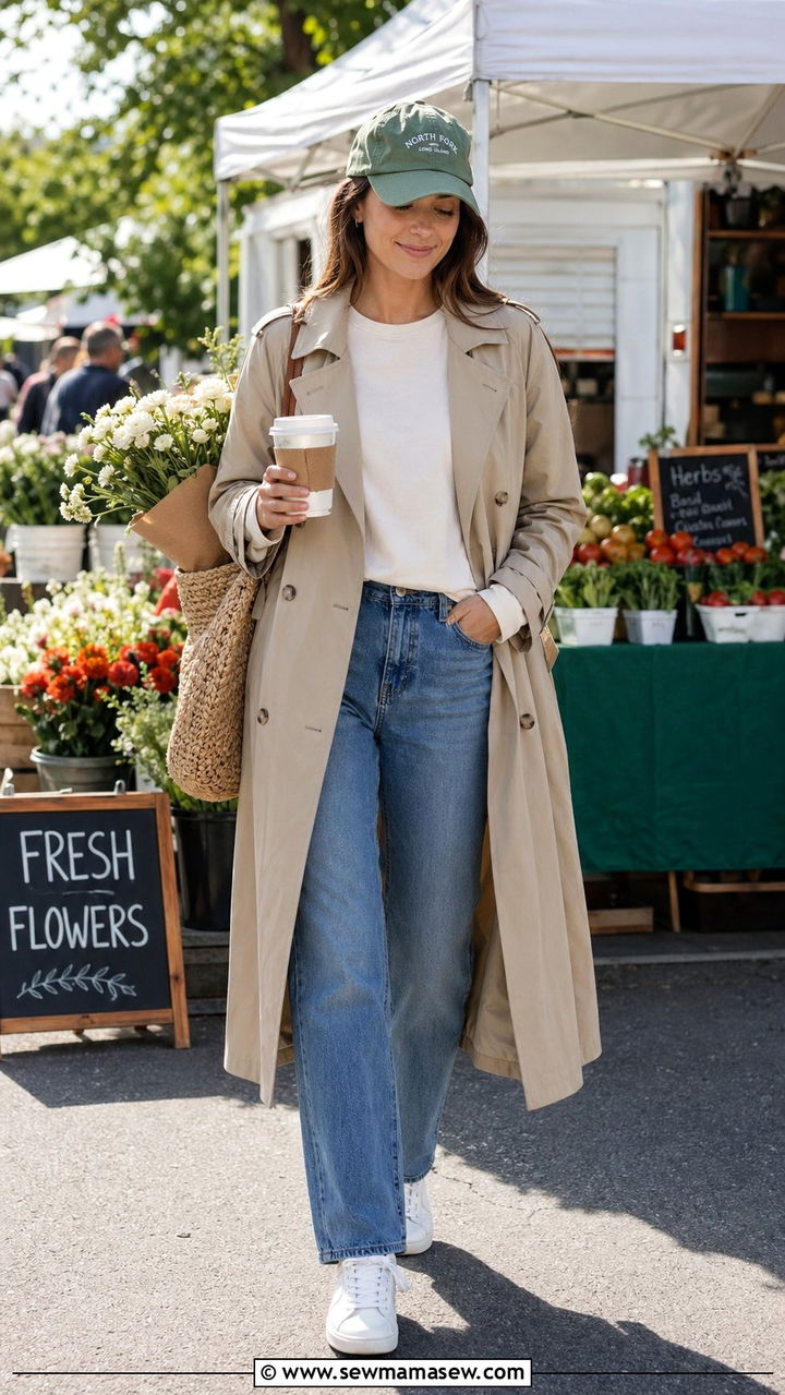 Trench Coat and Baseball Cap - 30 40 degree weather outfits